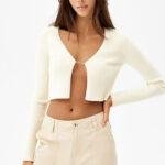 Ribbed V-Neck Cardigan With Rhinestone Detail