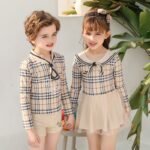 2022 Girls' Swimsuit Rashguard Boys Bathing Suit Long Sleeve Plaid Swimwear 3 Pcs Kids Children Swimdress May Pool Beachwear