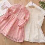 2022 Spring Autumn 3 4 6 8 10 to 12 Years Child England Style Princess Pearl Lace Knee Length Kids Baby Girl Long Sleeve Dress