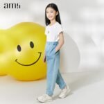 Amii Kids Spring Jeans For Girls High Waist Loose Elestic Casual Demin Pants Breathable Chirdren Bottoms 22240005