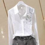 Cotton Flower Embroidery Women Shirts 2022 Summer New Solid Long-Sleeved Turn-Down Collar Lady Shirts Outwear Tops