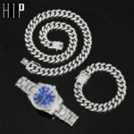 Hip Hop 13MM 3PCS KIT Watch Necklace Bracelet Bling Crystal AAA Iced Out Cuban Chain Rhinestones Chains For Women Men Jewelry