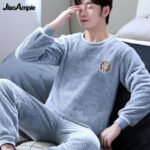 Men's Pajamas Autumn Winter Flannel O-Neck Cute Pijamas Set 2021 New Warm Cartoon Long Sleeve Trousers Two-piece Suit