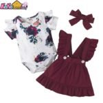 Summer Baby Girl Clothes Sets Floral Bodysuit Tops Suspender Skirts Bow Headband Newborn Infant Outfit 3 6 12 18 Months