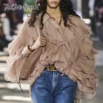 TWOTWINSTYLE Elegant Patchwork Ruffle Shirt For Women Lapel Long Sleeve Lace Up Bowknot Casual Blouse Female Fashion New 2022